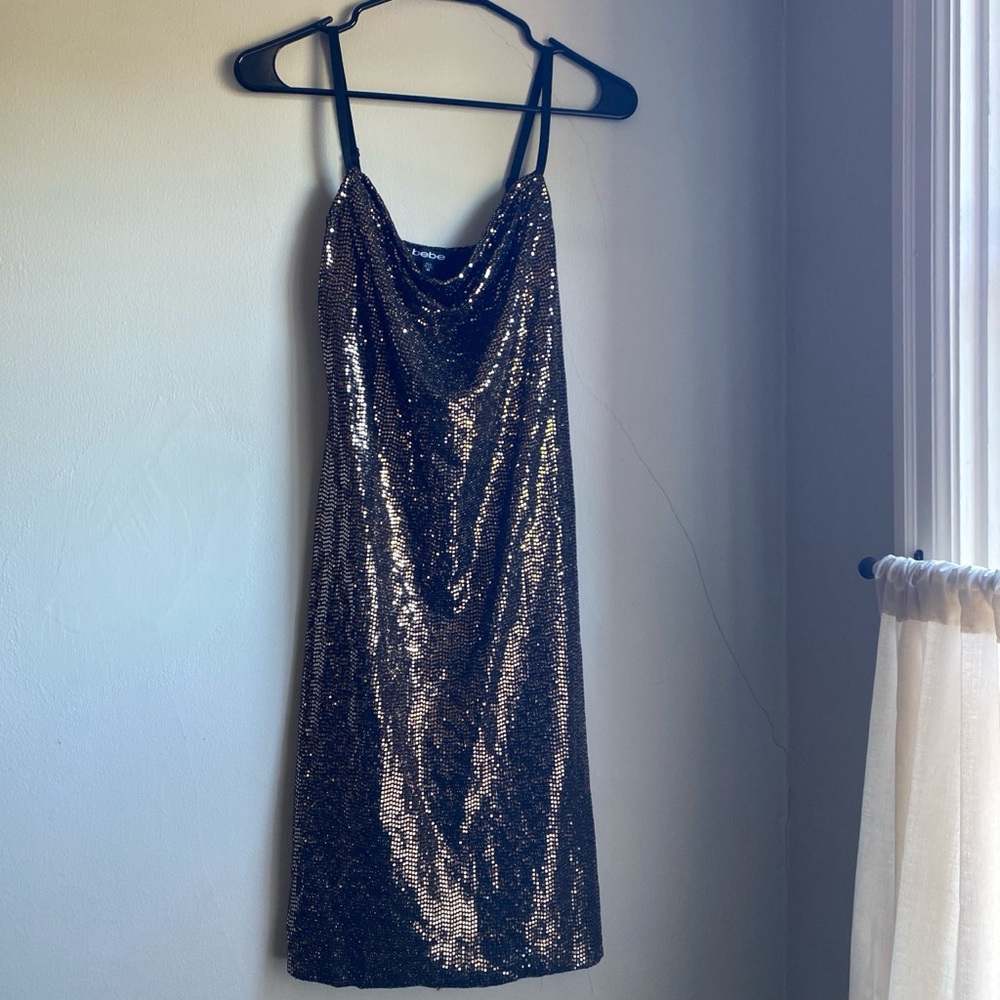 Bebe Gold Sequin Cowl Neck Mini Dress